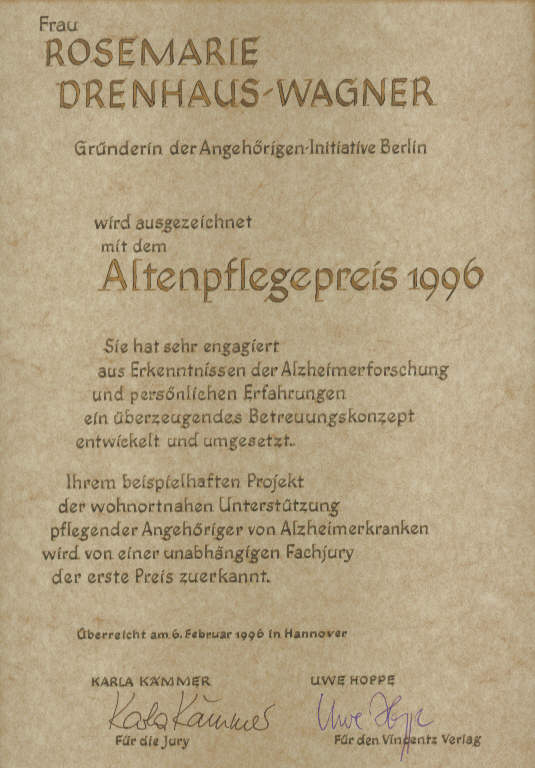 Urkunde zum Altenpflegepreis 1996